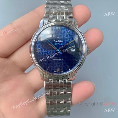 High Quality Replica OMEGA De Ville Stainless Steel Silver Strap Blue Face Dial Silver Case Watch 39.5mm